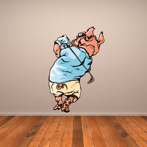 Golf mascot wall decal vinyl sticker, cartoon golfer in light blue holding a golf club