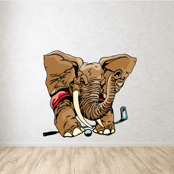 Golf mascot vinyl wall decal: brown elephant with golf club and ball