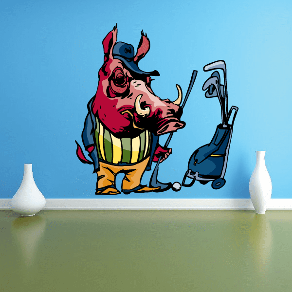 Golf mascot vinyl wall decal sticker with cartoon dog holding a golf club