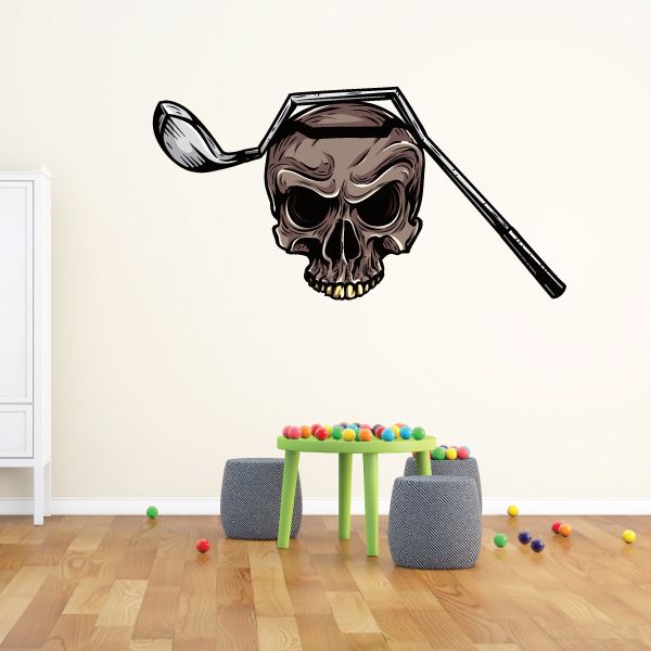 Golf skull wall decal with black-and-white skull and golf club illustration