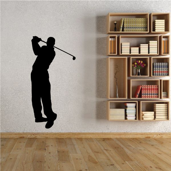 Golf stroke wall decal with black golfer silhouette holding a swing club