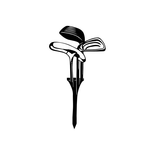 Golf tee and clubs decal, black silhouette of golf ball tee with club icons
