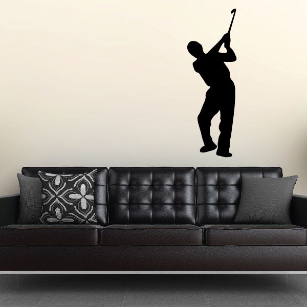 Golf wall decal with black golfer silhouette swinging a club