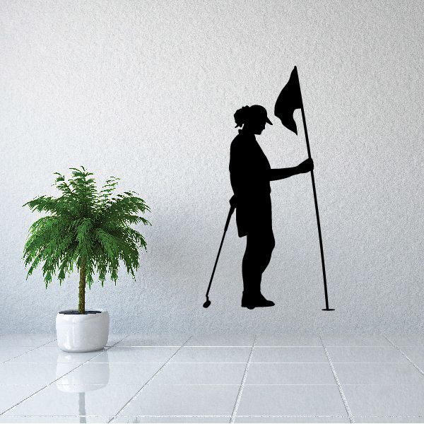 Golf wall decal of black golfer silhouette holding flag and club