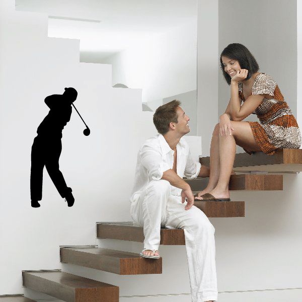Golf wall decal vinyl with black golfer silhouette holding a golf club