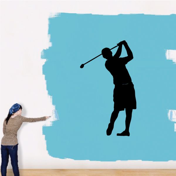Golf wall vinyl decal: black golfer silhouette swinging a club.