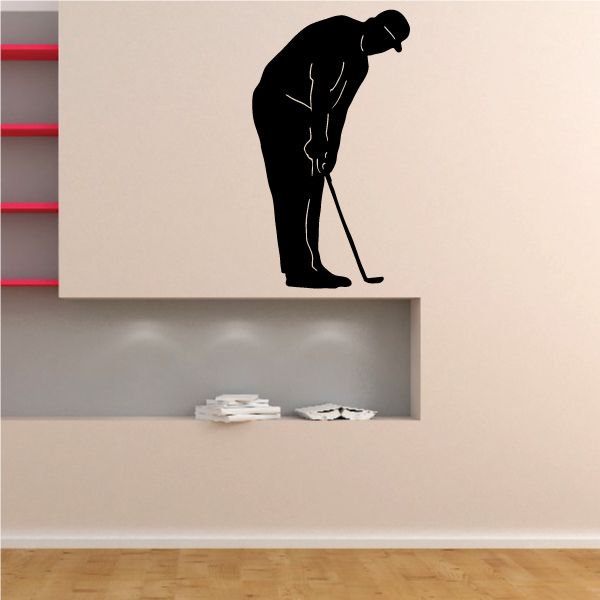 Golf wall decal, black silhouette of a golfer bending with club
