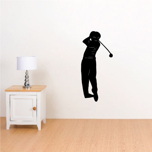 Golf wall decal of a black golfer silhouette swinging with a golf club