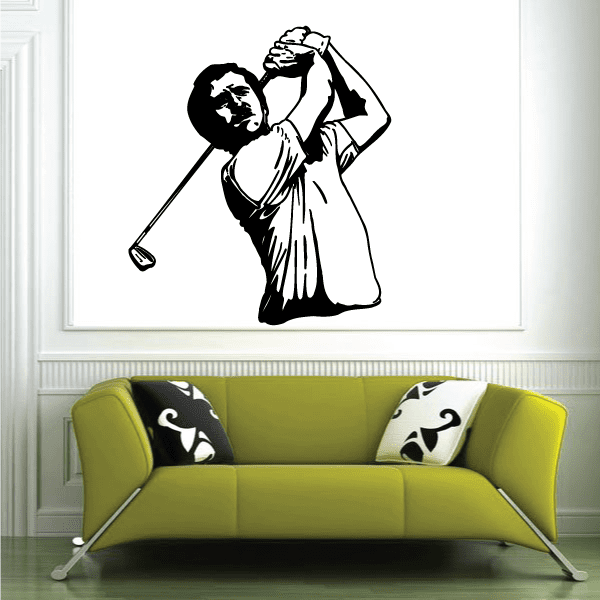 Golf wall decal of a black golfer swinging a club, vinyl sticker graphic