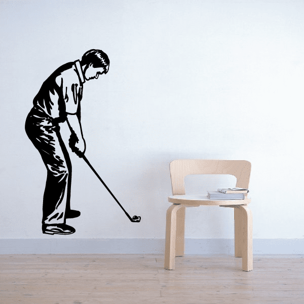 Golf golfer silhouette vinyl wall decal, black golfer bending with putter