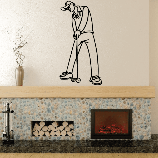 Golf wall decal vinyl with black golfer silhouette standing and holding a club
