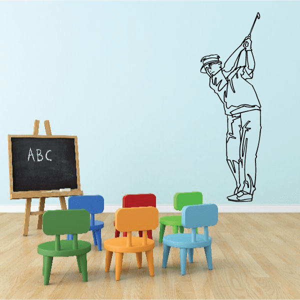 Golf wall decal: outline golfer holding a flagstick, vinyl sticker graphic