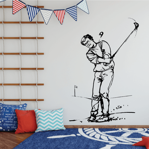 Golf vinyl wall decal with a black golfer silhouette holding a club and ball