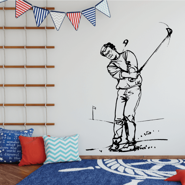 Golf vinyl wall decal with a black golfer silhouette holding a club and ball