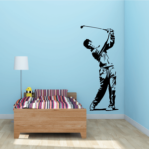 Golf wall decal vinyl of a dark golfer silhouette holding club and swinging