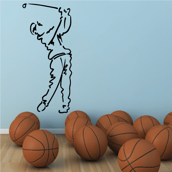 Golf ball wall decal with cartoon golfer swinging, above a row of basketballs