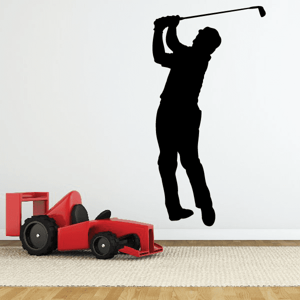 Black vinyl golf golfer wall decal, silhouette holding a club in swing pose