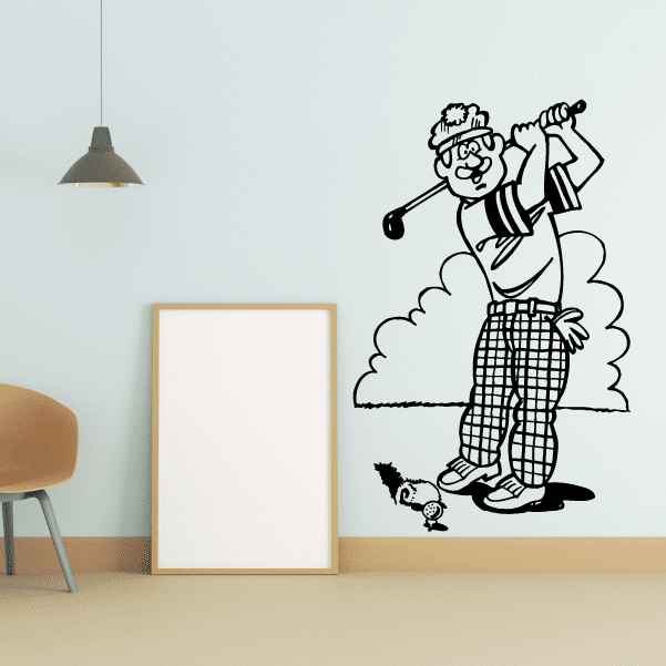 Golf wall decal: black-and-white cartoon golfer with club and ball