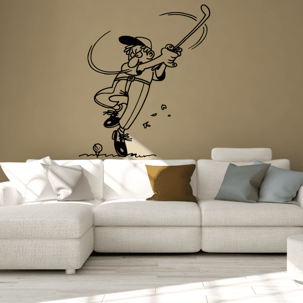 Golf wall decal of a cartoon golfer swinging with clubs and small golf balls.