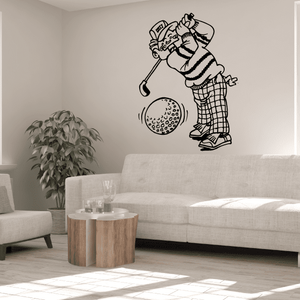 Golf wall decal of a golfer swinging a club beside a ball, black outline.