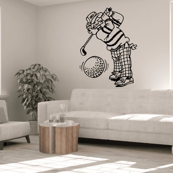 Golf wall decal of a golfer swinging a club beside a ball, black outline.