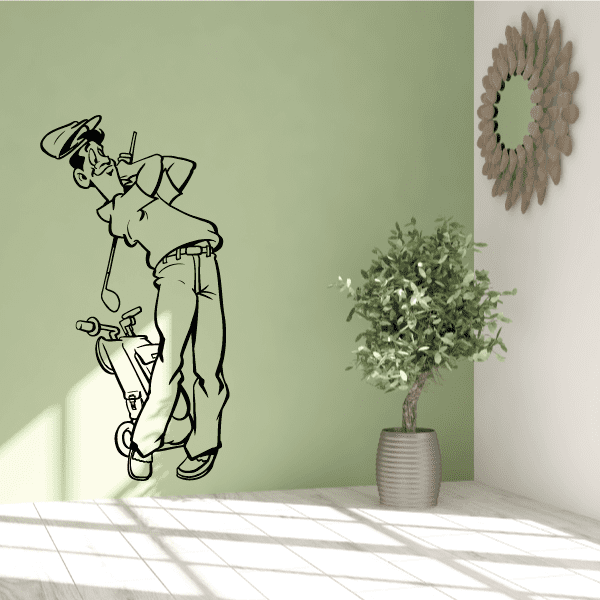Golf wall decal with black golfer silhouette holding a golf club and gear