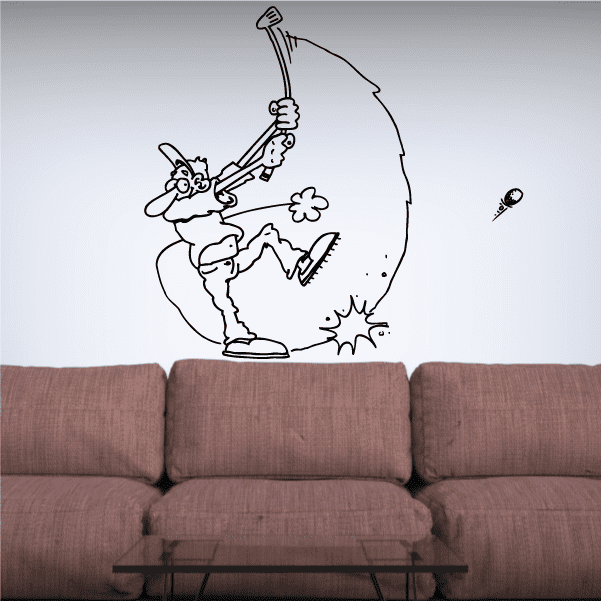 Golf wall decal vinyl sticker: golfer swinging club, golf ball and small flowers, black outline