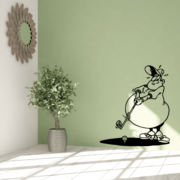Golf wall decal with a cartoon golfer holding a club, black vinyl sticker