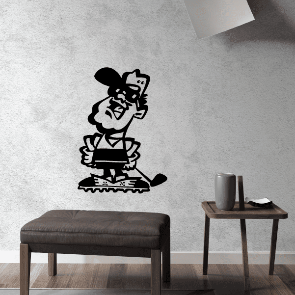 Golf cartoon vinyl wall decal, black golfer silhouette with clubs