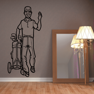 Golf wall decal vinyl with black outline golfer holding a club and waving.