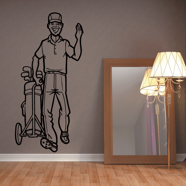 Golf wall decal vinyl with black outline golfer holding a club and waving.