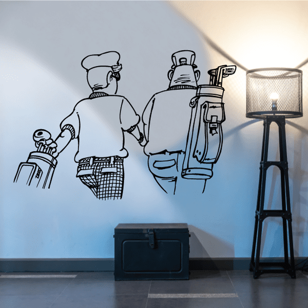 Golf vinyl wall decal with cartoon golfer and caddie carrying clubs outline