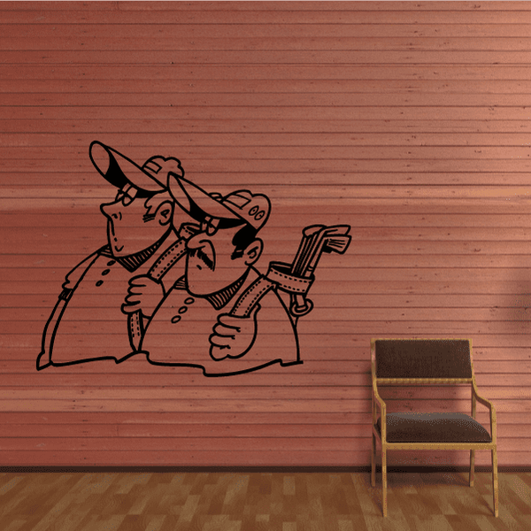 Golf-themed vinyl wall decal with two cartoon golfers and golf bag
