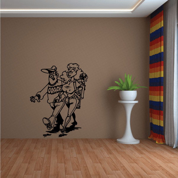 Golf wall decal vinyl, black cartoon coach and golfers on beige wall