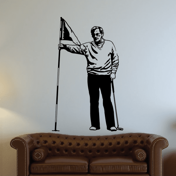 Golf wall decal of a golfer holding a flagpole, black silhouette