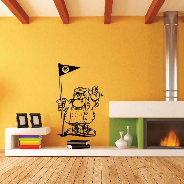 Golf wall decal with cartoon golfer holding a flag and club, yellow and black vinyl design.