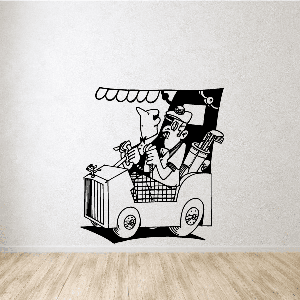 Golf vinyl wall decal with black-and-white golfer cart illustration