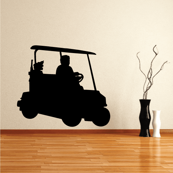 Golf cart wall decal with black silhouette of a driver in an open cart