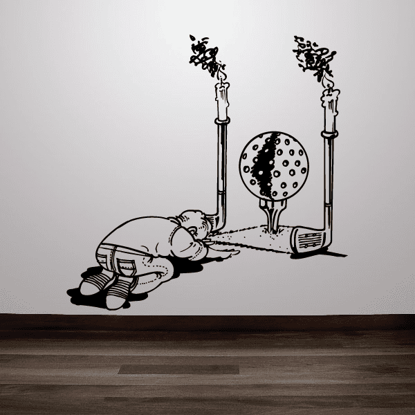 Golf wall decal vinyl: cartoon golfer swinging near large patterned golf ball.