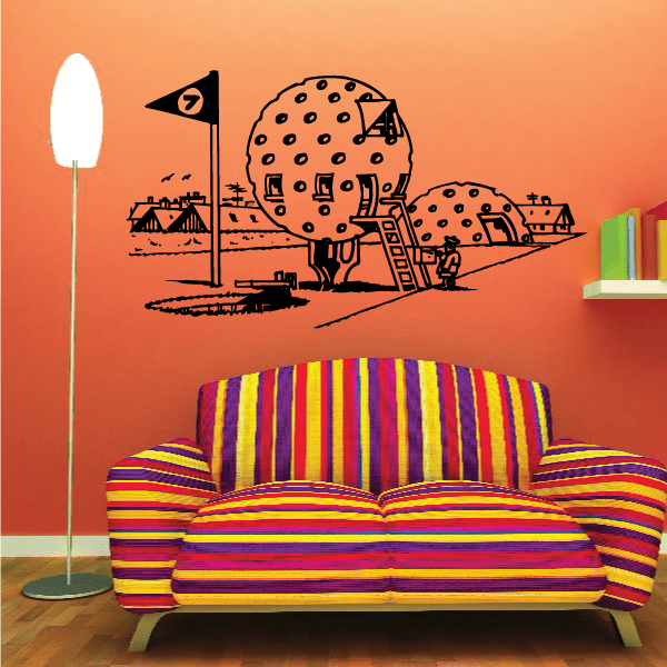 Golf theme vinyl wall decal with flag, golf balls and miniature course scene