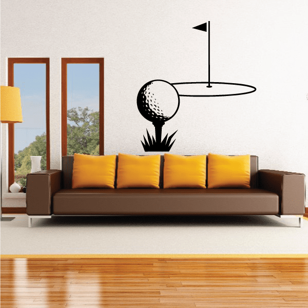 Golf wall decal vinyl sticker with black golf ball, tee, and flag silhouette