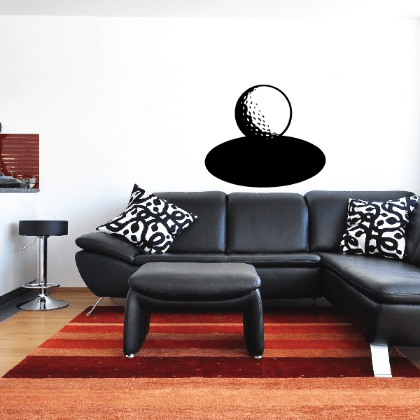 Golf themed vinyl wall decal with black golfer silhouette above seating