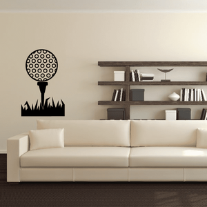 Golf wall decal of black golf ball on tee with grass silhouette