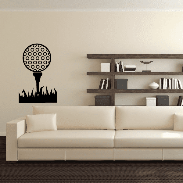 Golf wall decal of black golf ball on tee with grass silhouette