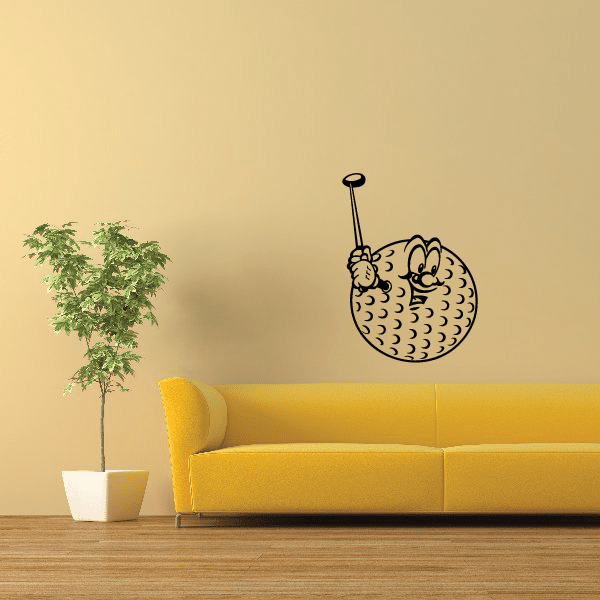 Vinyl wall decal of a smiling golfer on a golf ball with a club