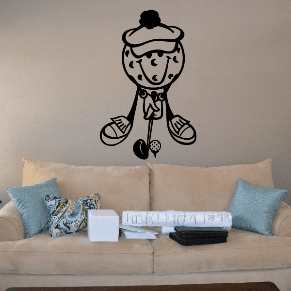 Golf wall decal: cartoon golfer with hat and holding golf club, vinyl sticker art