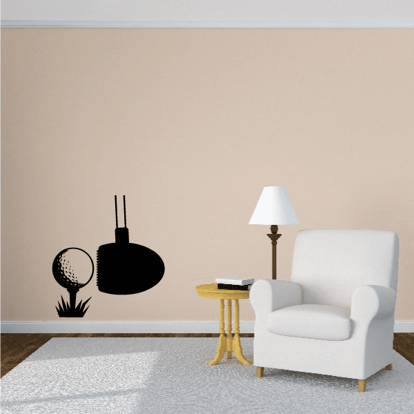 Black golf wall vinyl decal with golf ball on a tee and club silhouette