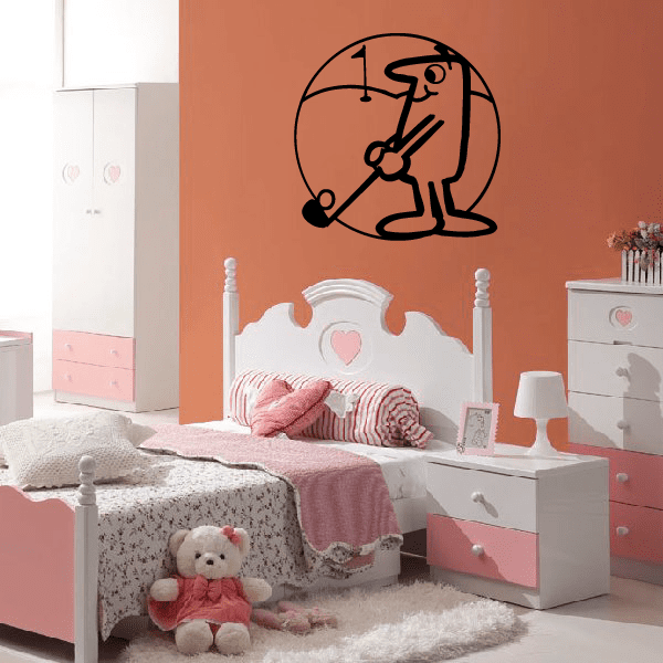 Golf wall decal, black outline cartoon golfer with clock and golf club
