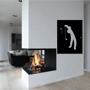 Golf-themed wall vinyl decal with white golfer silhouette on black square