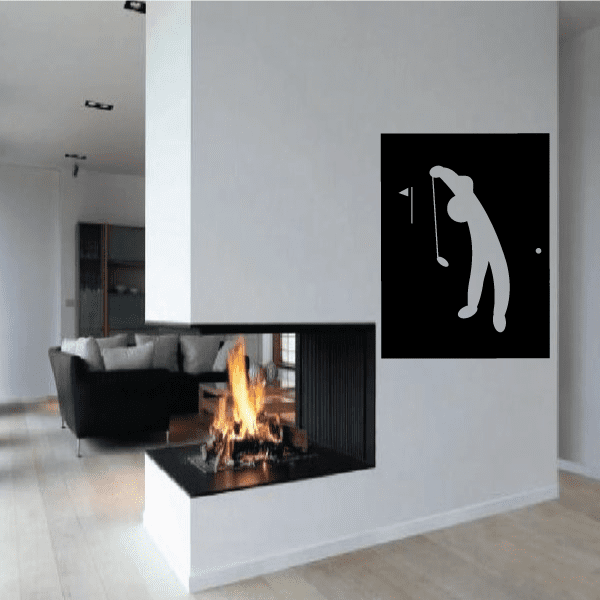 Golf-themed wall vinyl decal with white golfer silhouette on black square